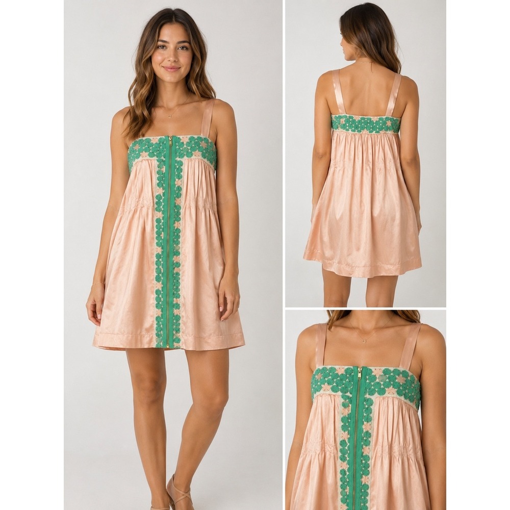 Lauren Moffatt Peach Silk Scalloped Embroidered Zip Front Mini Dress Size 10